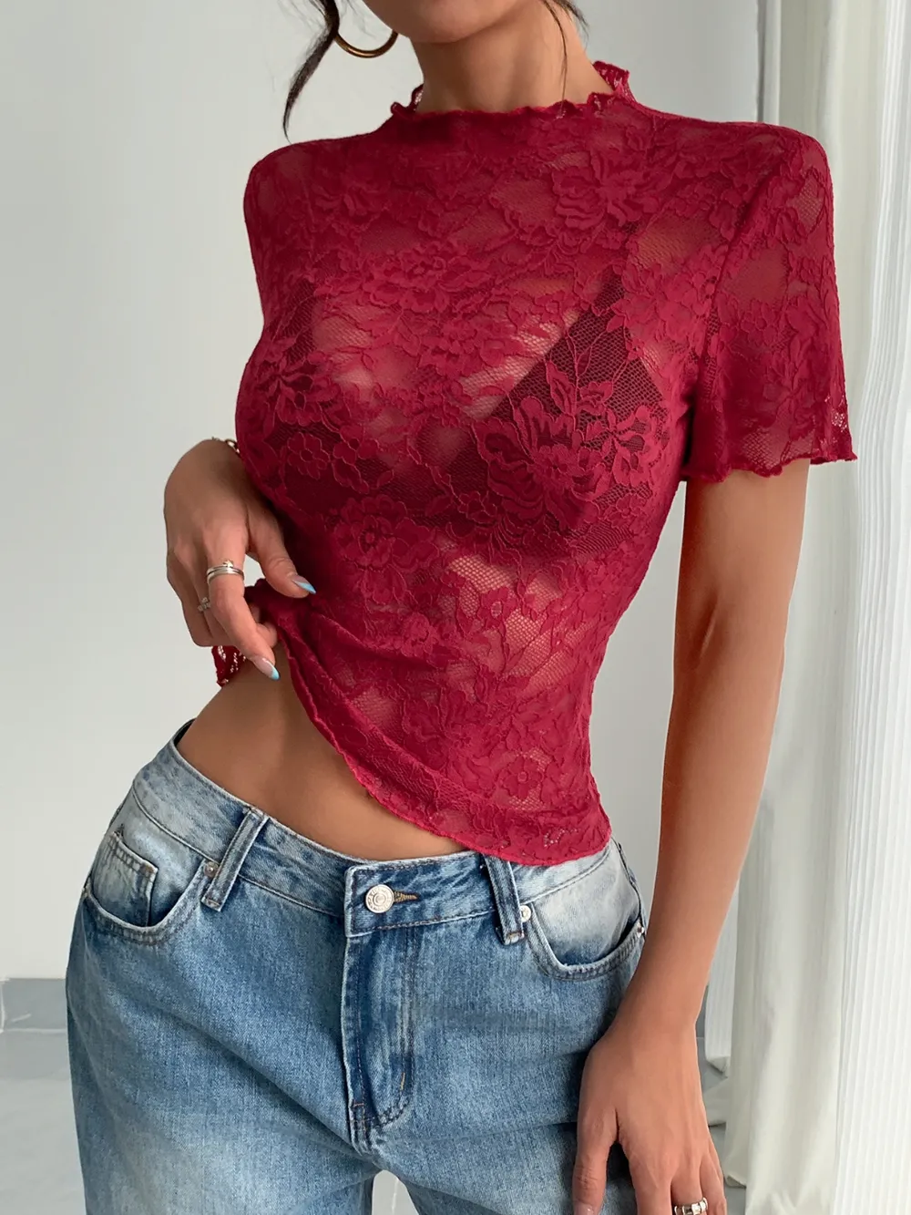 Lace Mock Neck Short Sleeve Top