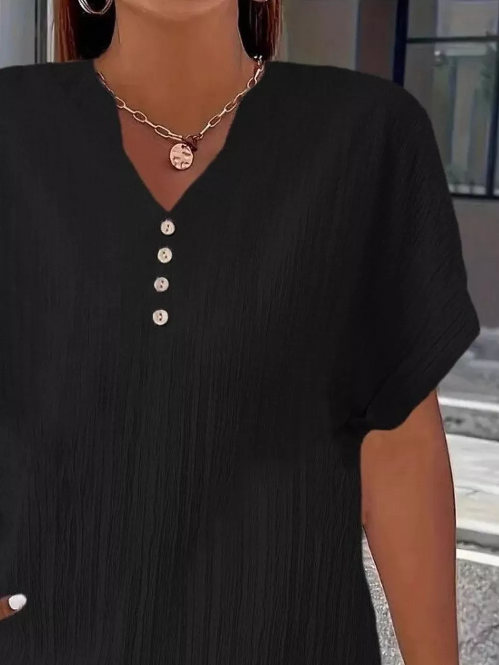 Plus Size Notched Short Sleeve Textured Top, image 5