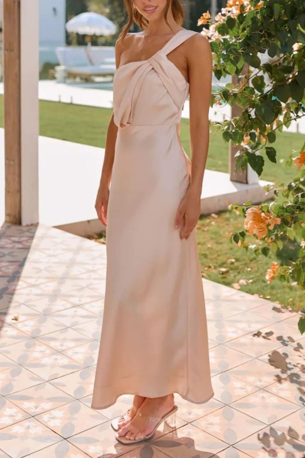 Ruched Single Shoulder Sleeveless Maxi Dress, image 4