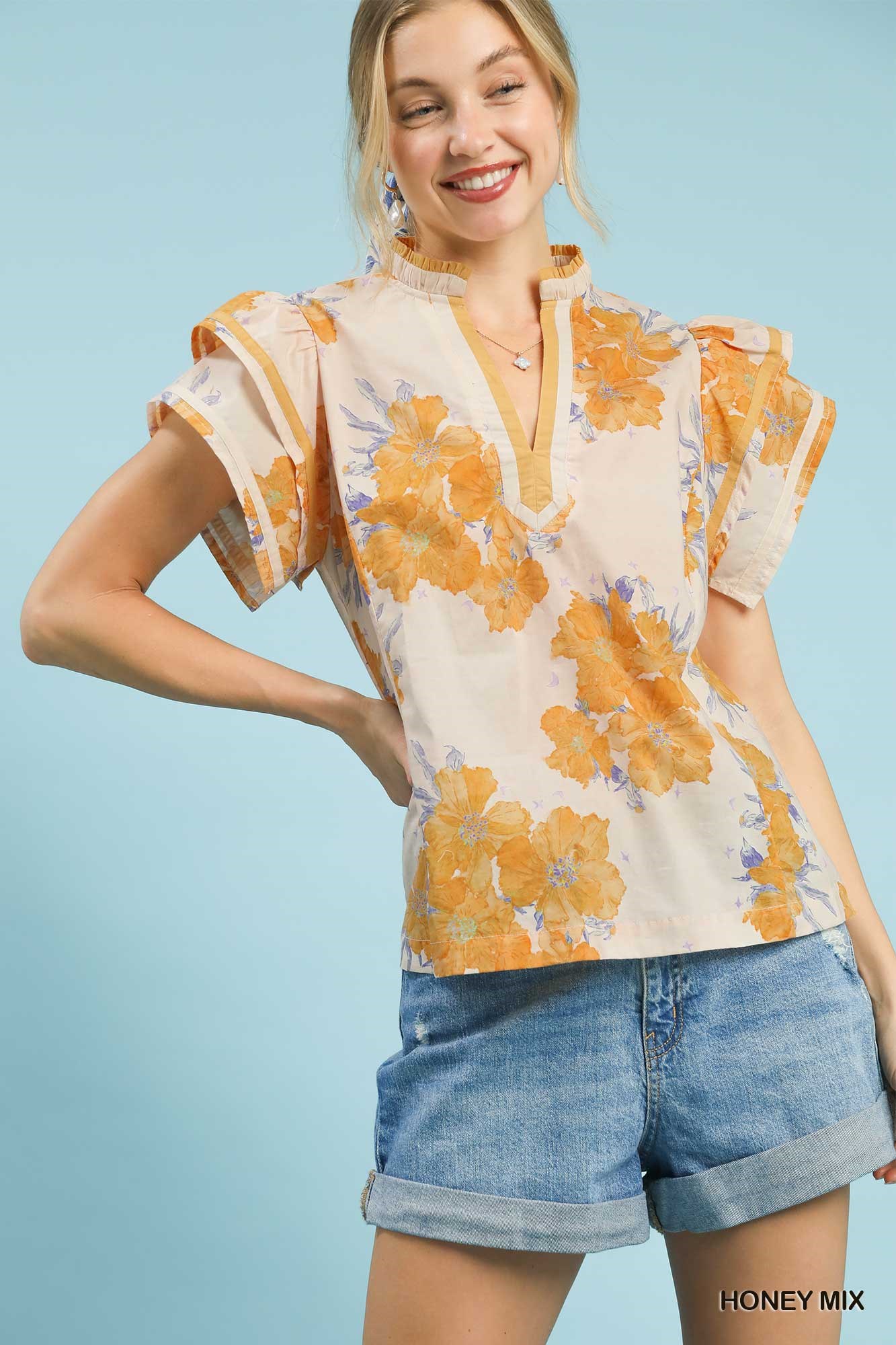 Mix Floral Ruffle Sleeve Blouse