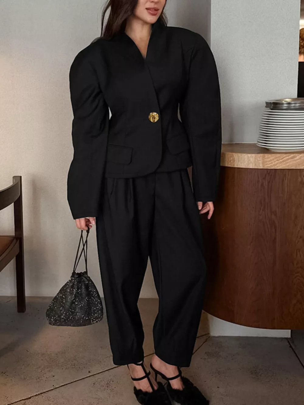 Puffy Sleeve Blazer and Wide-Leg Pants Set