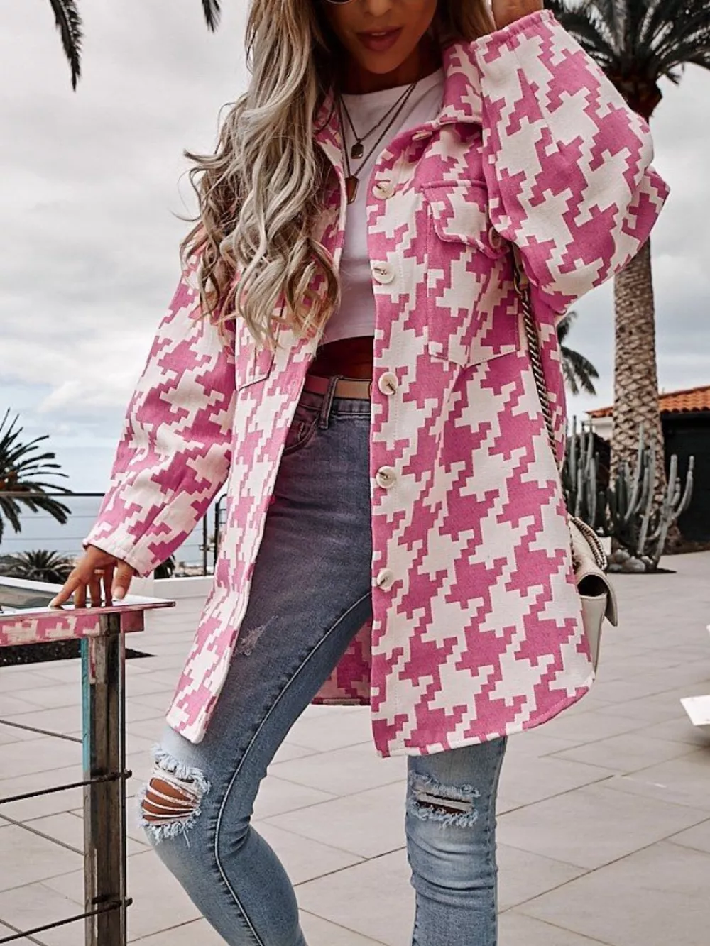 Houndstooth Button Up Long Sleeve Outerwear, image 6
