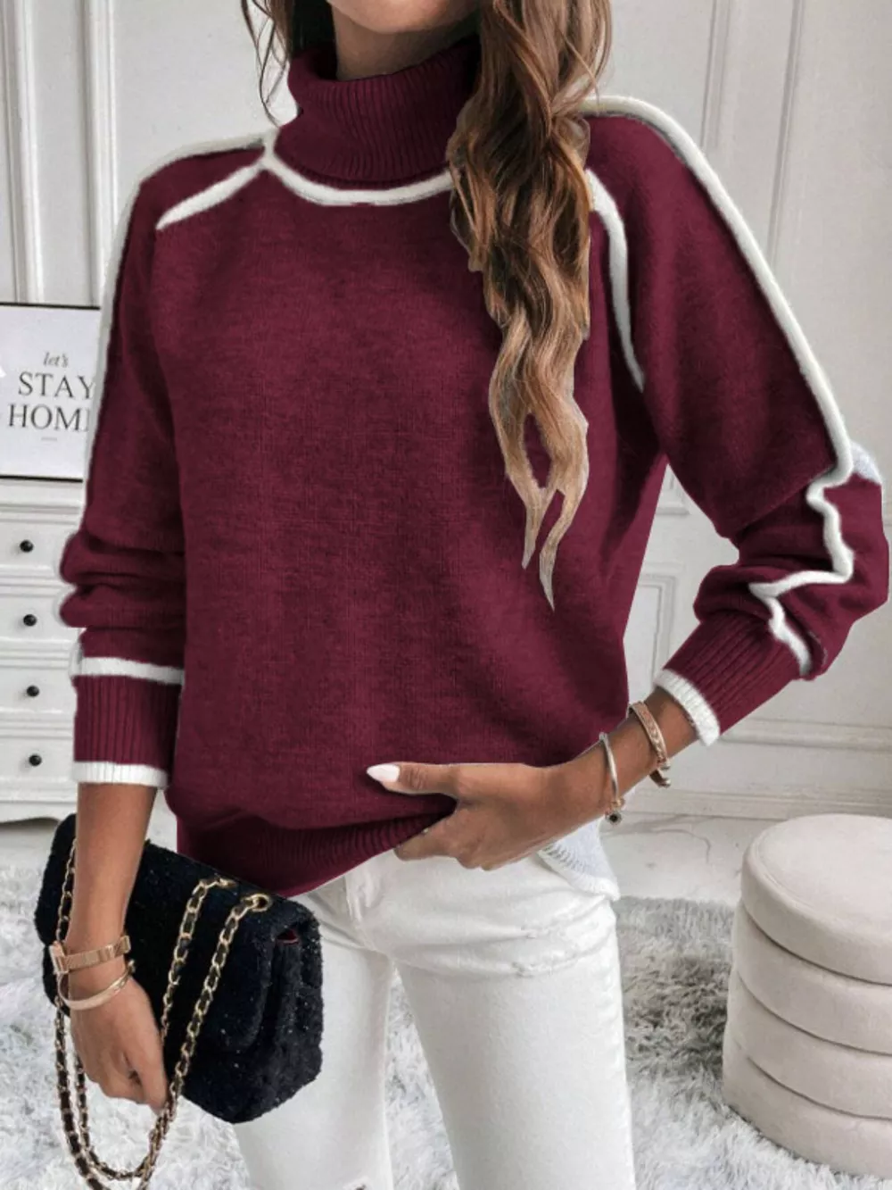 Full Size Turtleneck Contrast Trim Sweater Plus Size, image 27