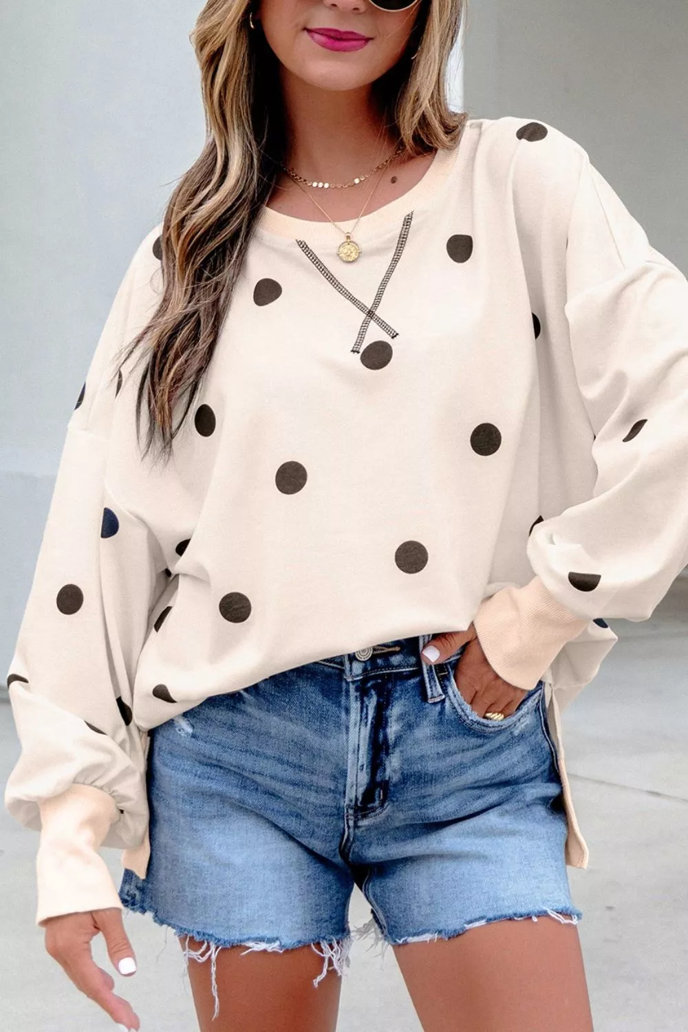 Loose-fit Long Sleeve Round Neck Polka Dot Tunic Sweatshirt, image 6