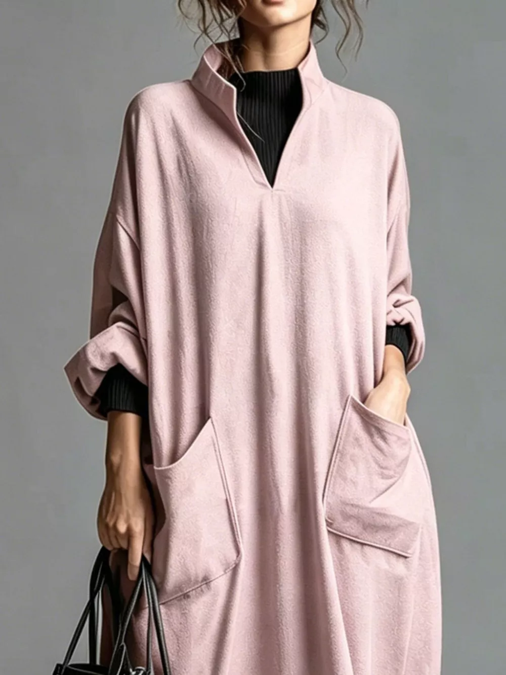 Full Size Loose-Fit Mock Neck Midi Dress with Pockets Plus Size, image 30