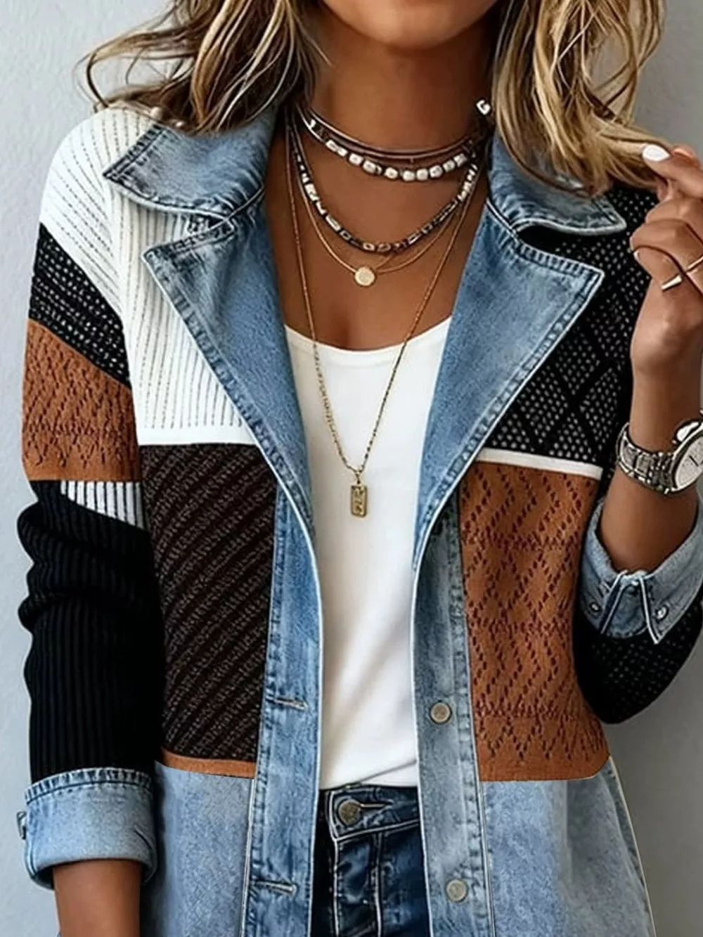 Color-Block Denim and Knit Patchwork Casual Jacket, image 6