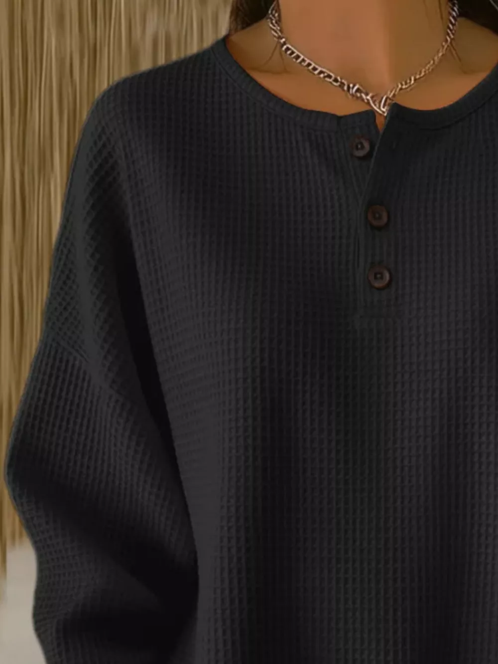 Full Size Waffle Knit Button Detail Top Plus Size, image 4