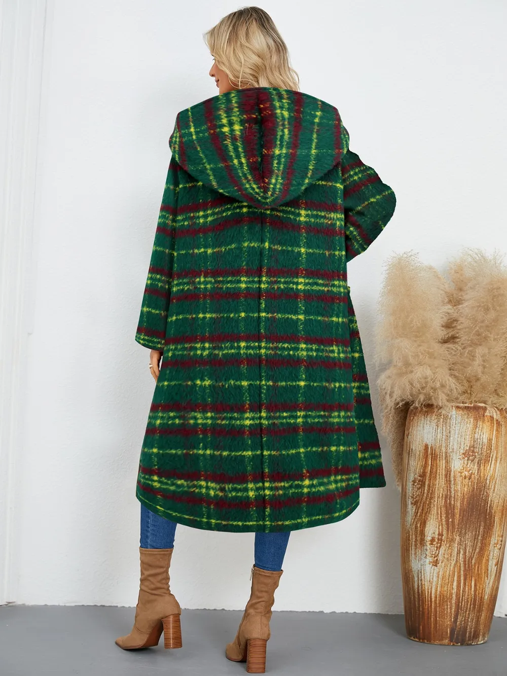 Plaid Long Sleeve Hooded Coat with Pockets, image 2