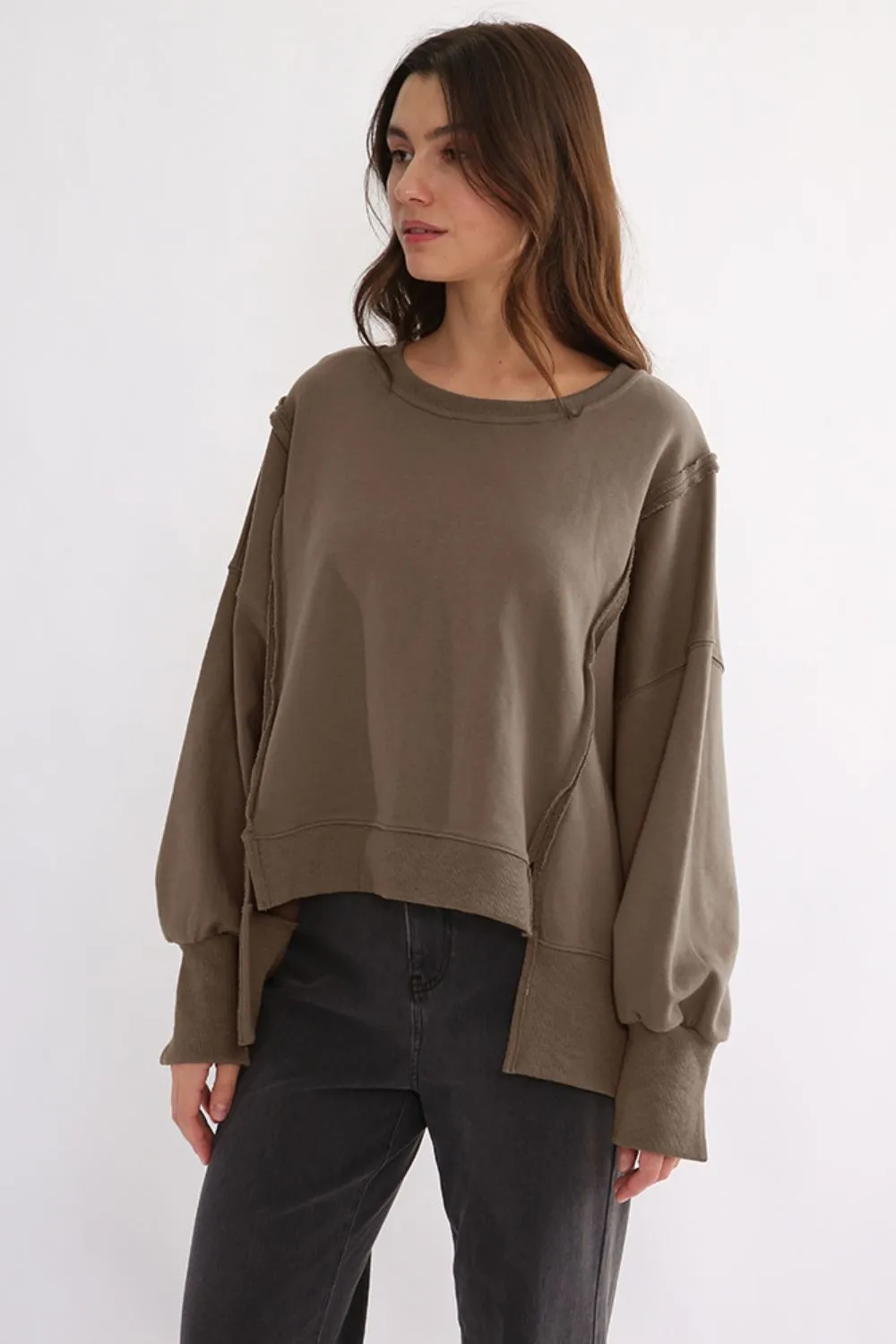 Exposed Seam High-Low Long Sleeve Sweatshirt, image 5