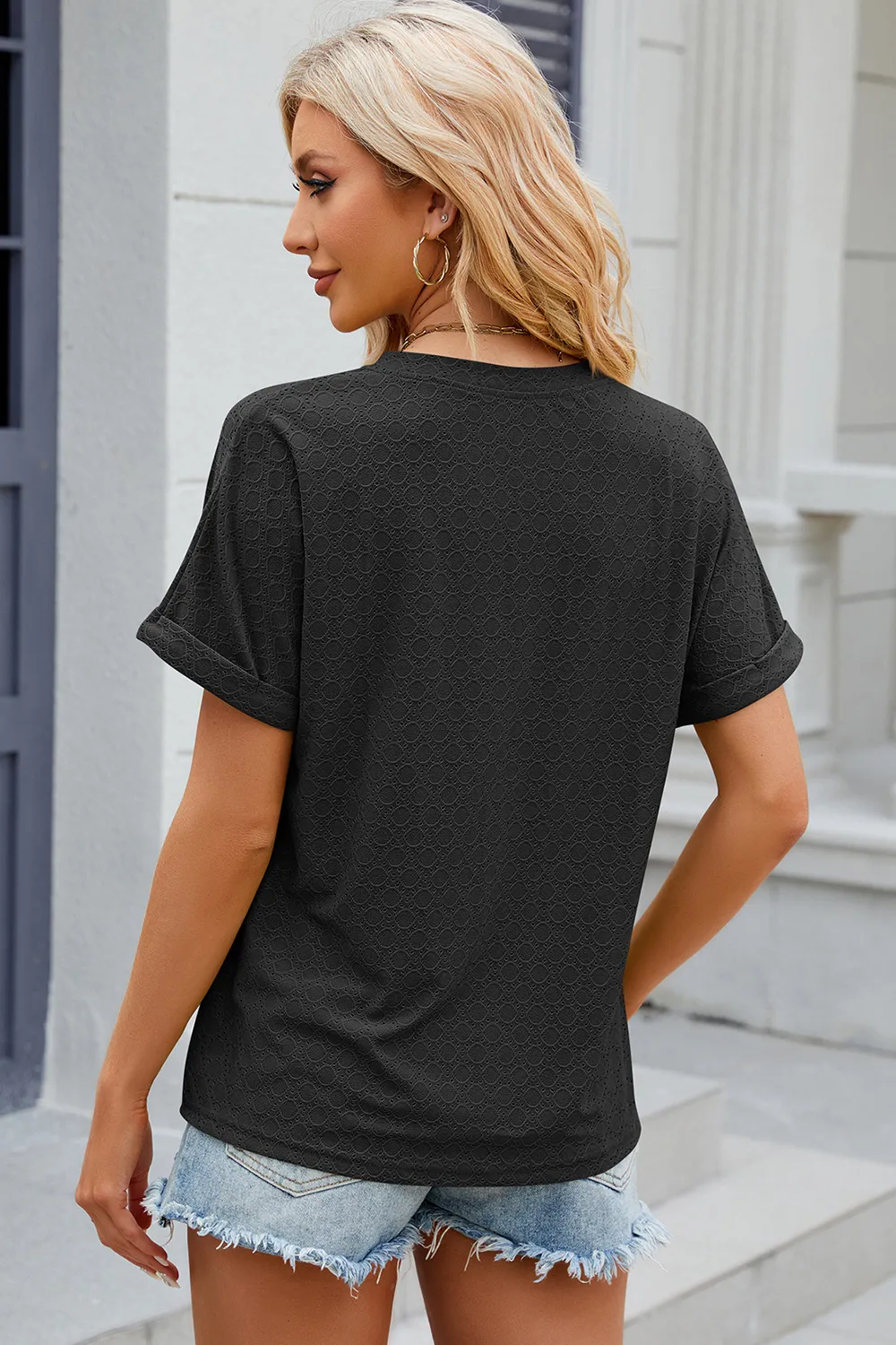 Eyelet Notched Short Sleeve T-Shirt, image 21
