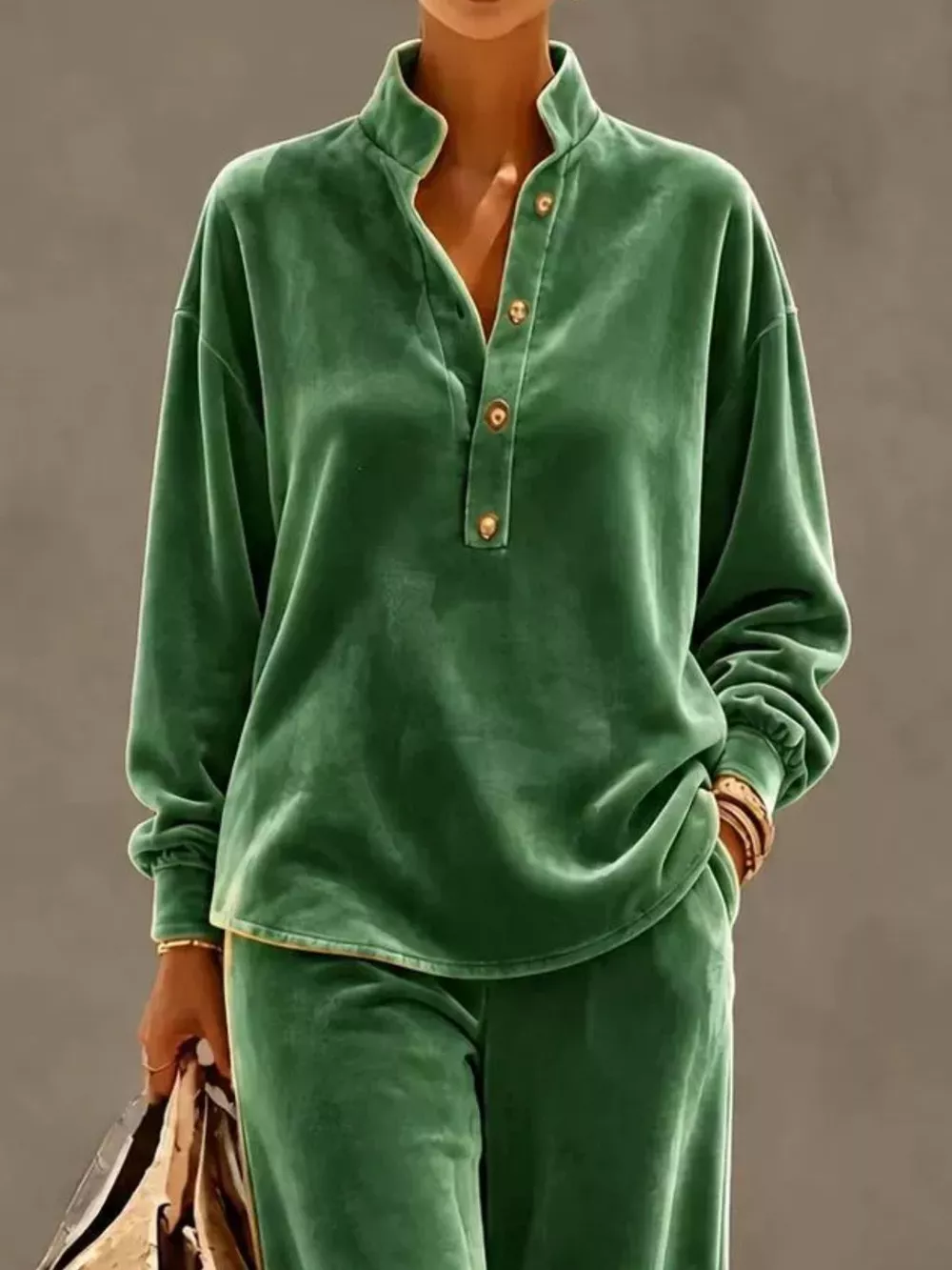 Full Size Half Button Top and Wide Leg Pants Set Plus Size, image 14