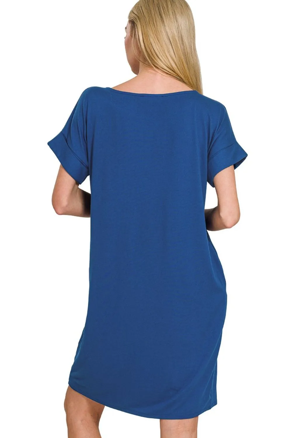 Rolled Short Sleeve Round Neck Dress, image 2