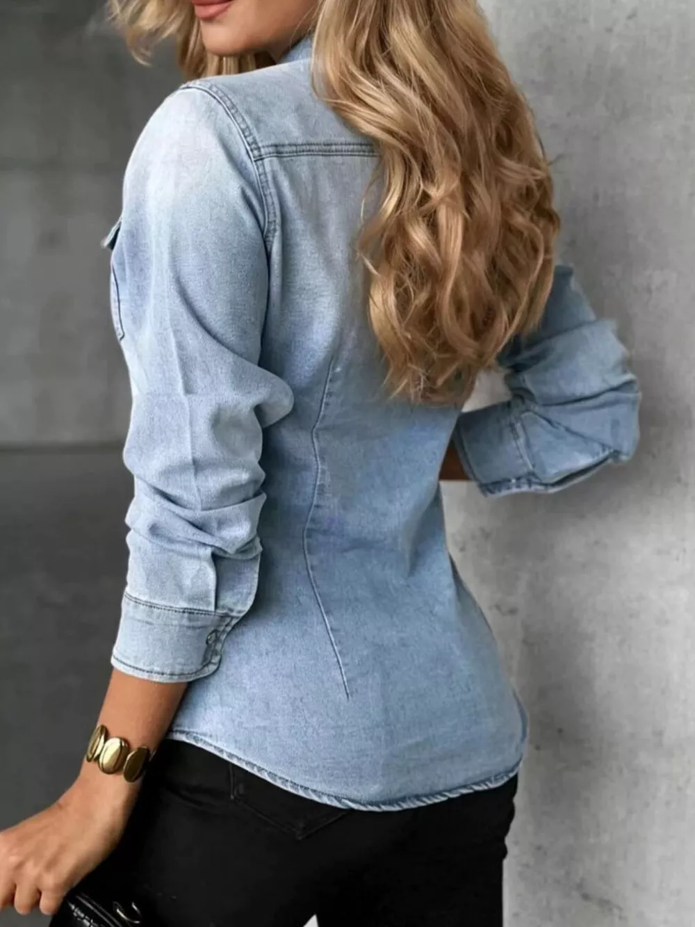 Snap Down Slim-Fit Denim Shirt, image 4