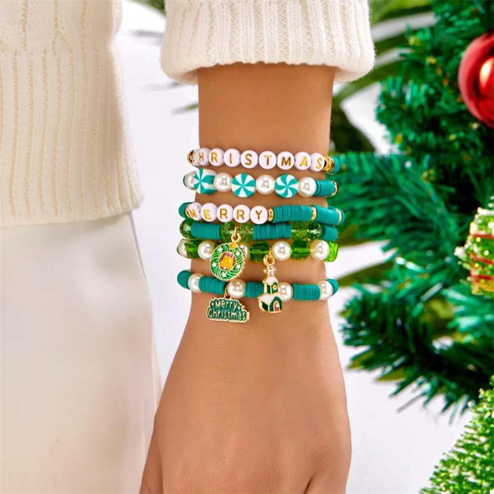 6-Piece Christmas Beaded Bracelet with Pearl Accents, image 2