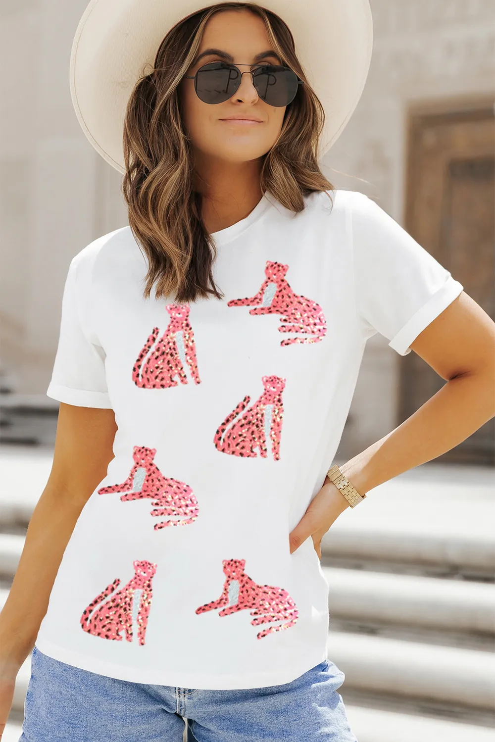 Sequin Leopard Round Neck Short Sleeve T-Shirt, image 4