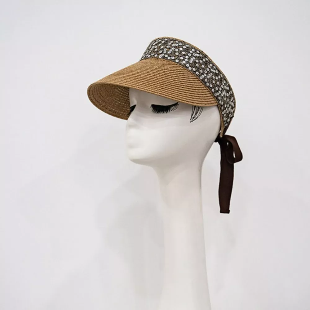 Sequined Visor Sun Hat with Ribbon Tie, image 4