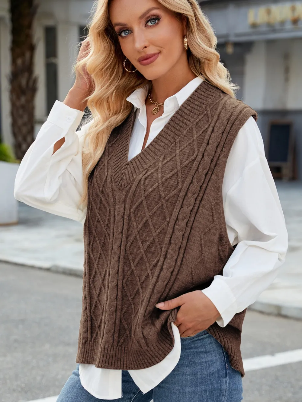 Cable Knit V-Neck Sweater Vest, image 17