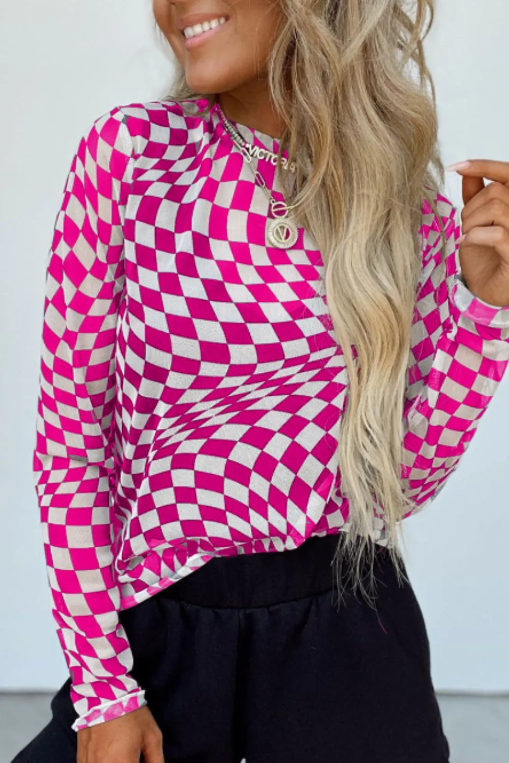 Checkered Mock Neck Long Sleeve Blouse, image 13