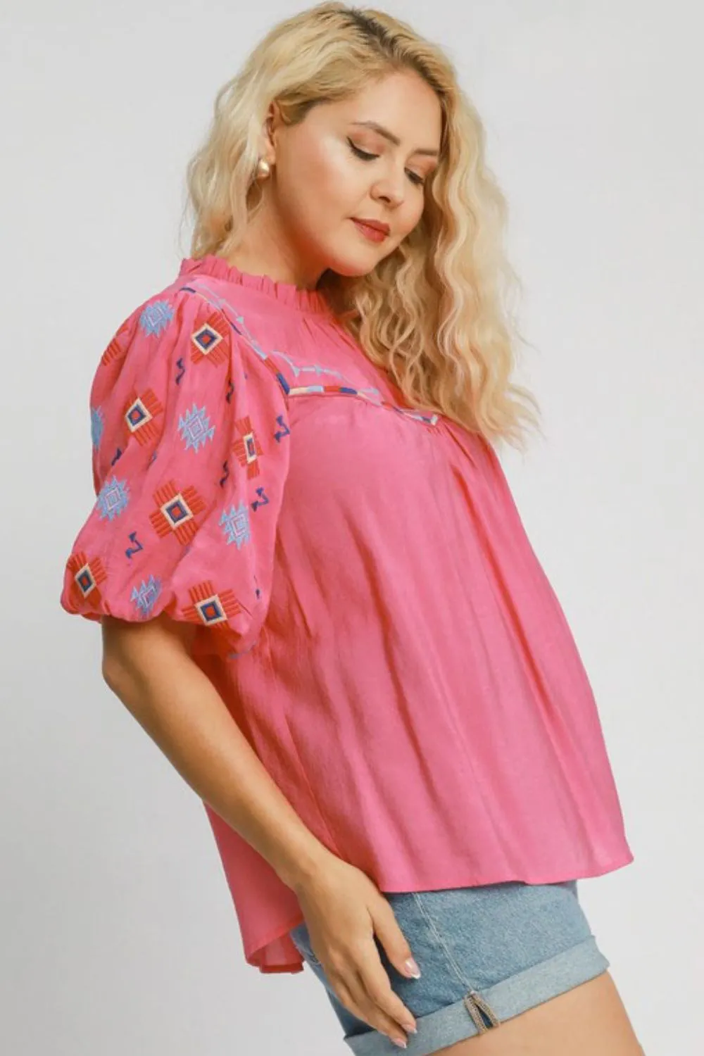 Full Size Embroidered Puff Sleeve Mock Neck Top Plus Size, image 3