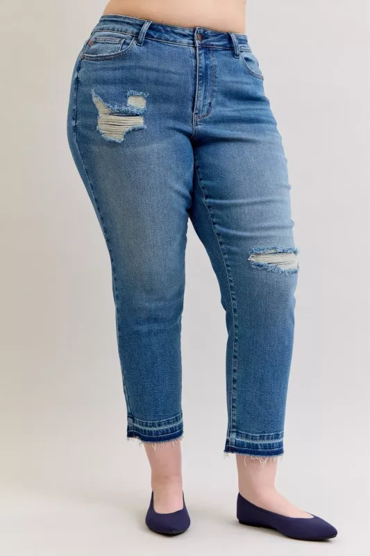 Full Size Mid Rise Bf Patch & Repair Destroy Release Hem Jeans Plus Size, image 5