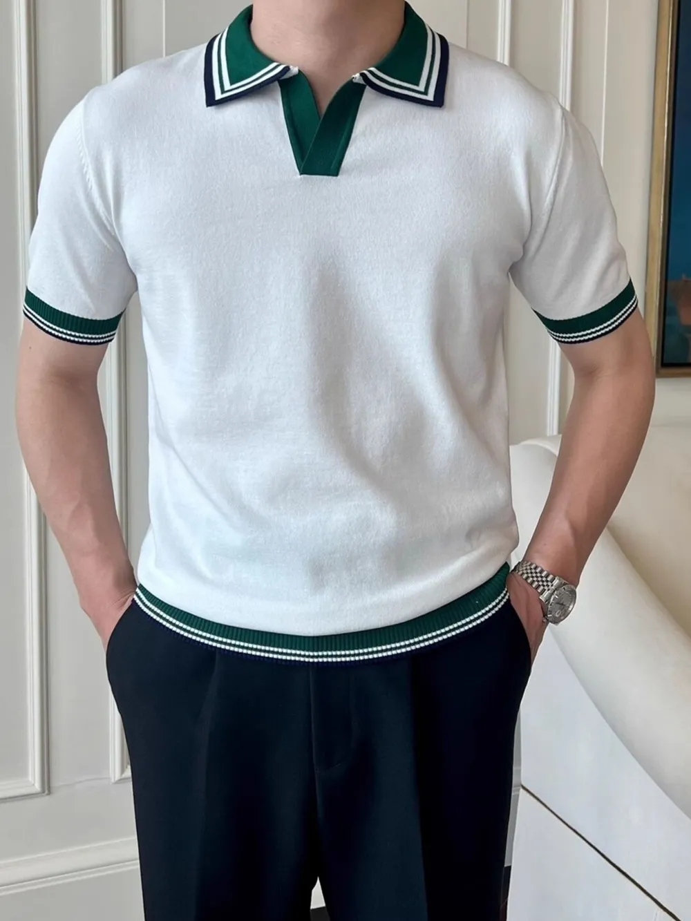Men's Plus Size Classic Striped Collar Knit Polo Shirt, image 8