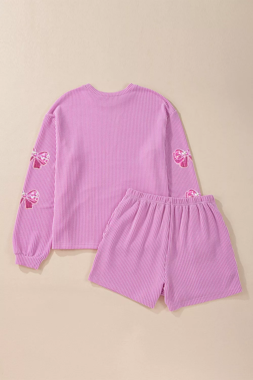 Corded Rib Sequin Bow Patched Long Sleeve Top and Shorts 2pcs Set, image 3