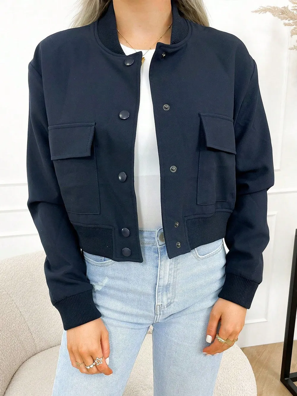Pocketed Snap Down Baseball Collar Jacket, image 15