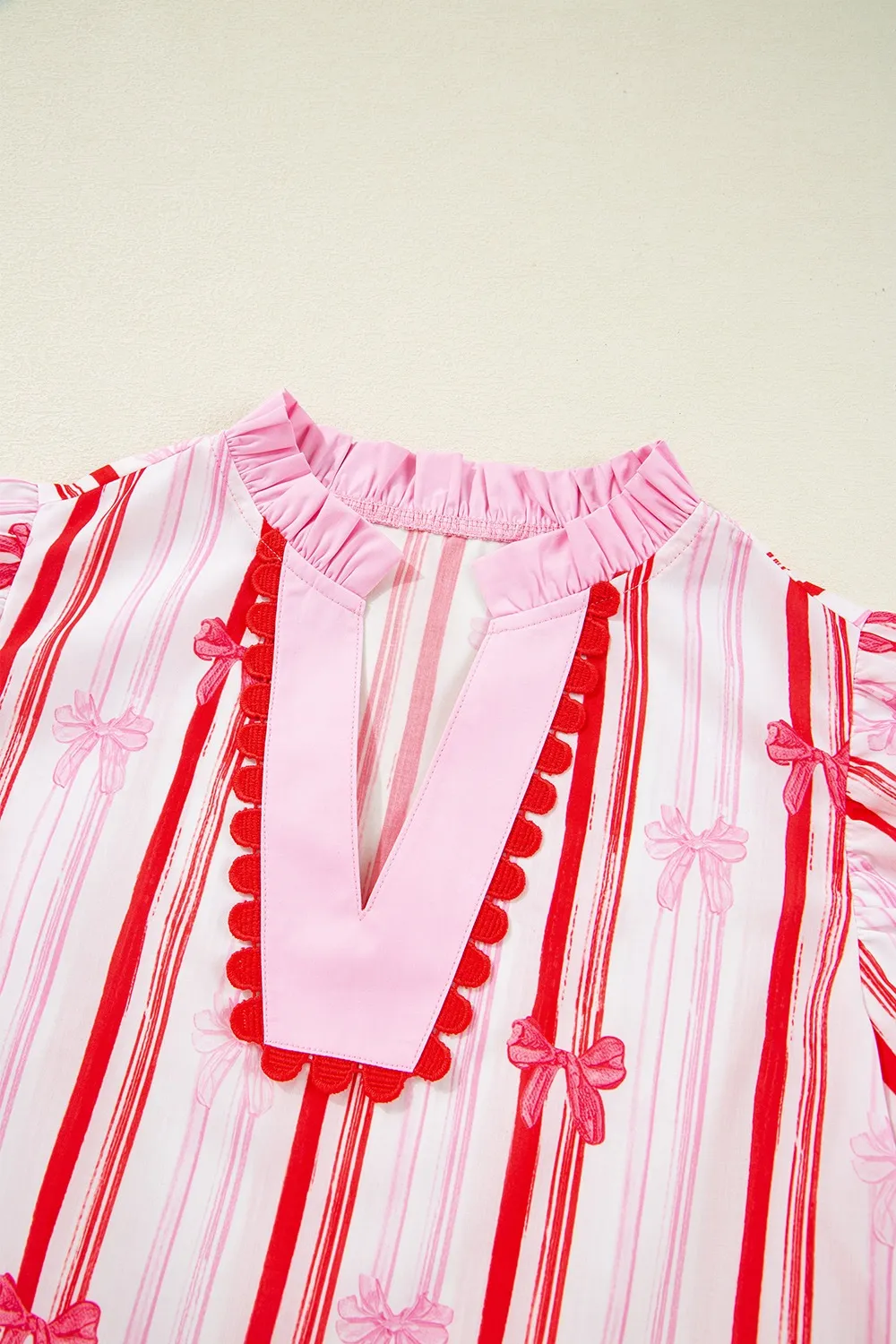 Ric-Rac Trim Ruffled Sleeve Striped Printed Blouse, image 8