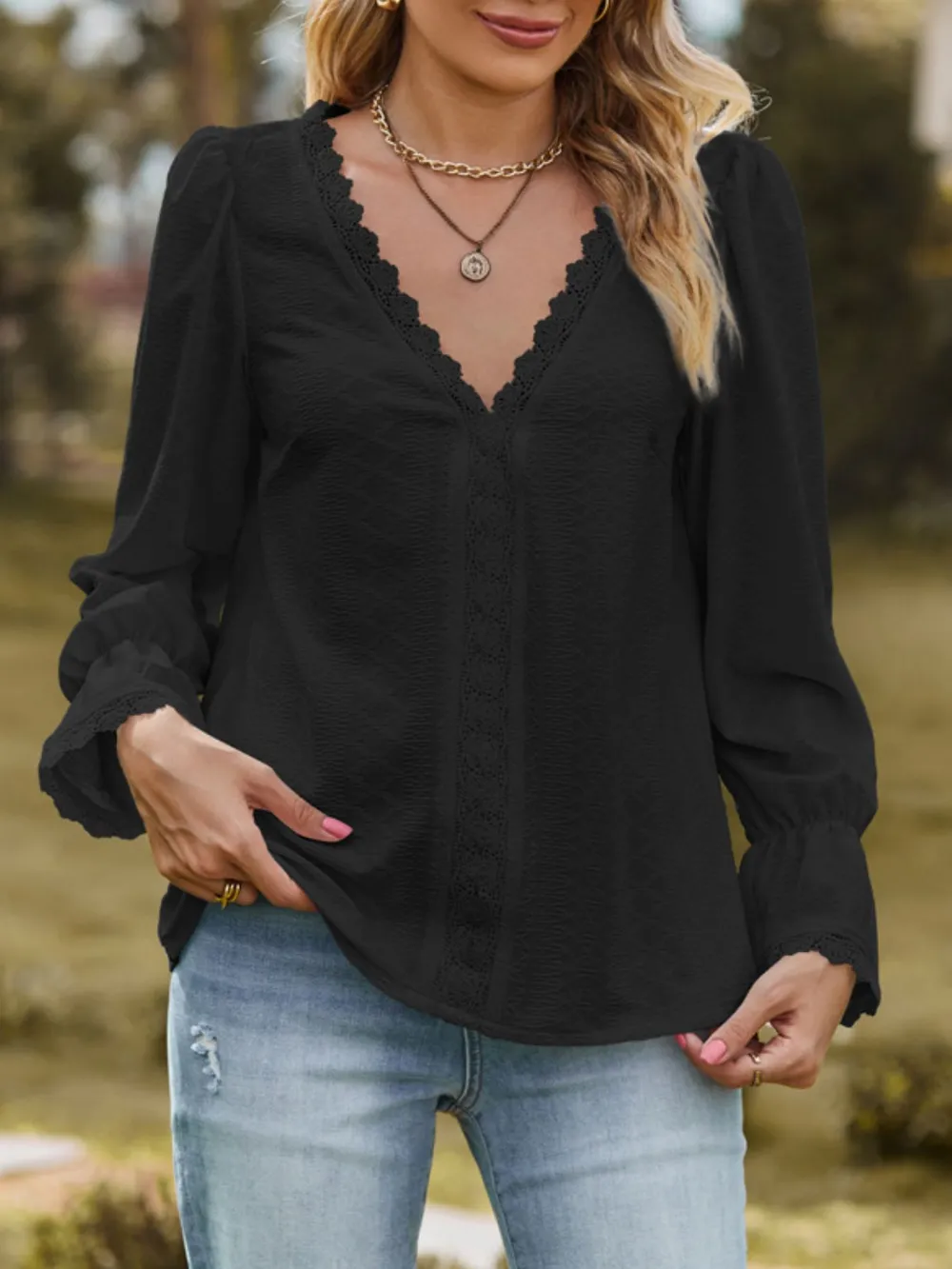 Lace Trim V-Neck Blouse with Flounce Sleeves, image 9
