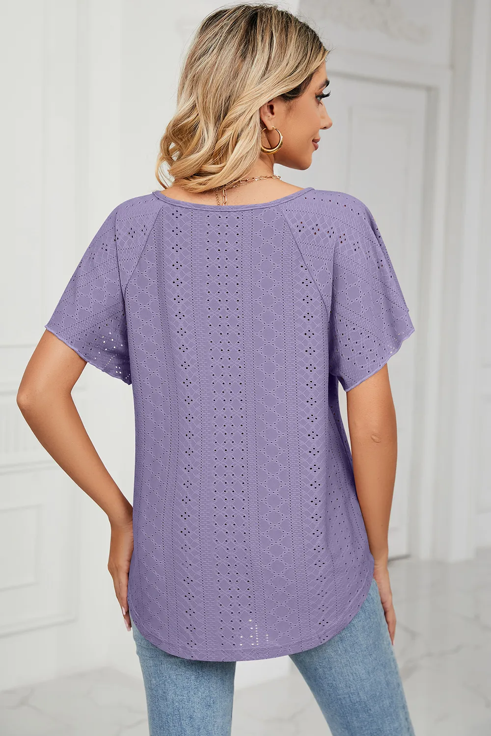 Eyelet Tie Neck Flutter Sleeve Blouse, image 26
