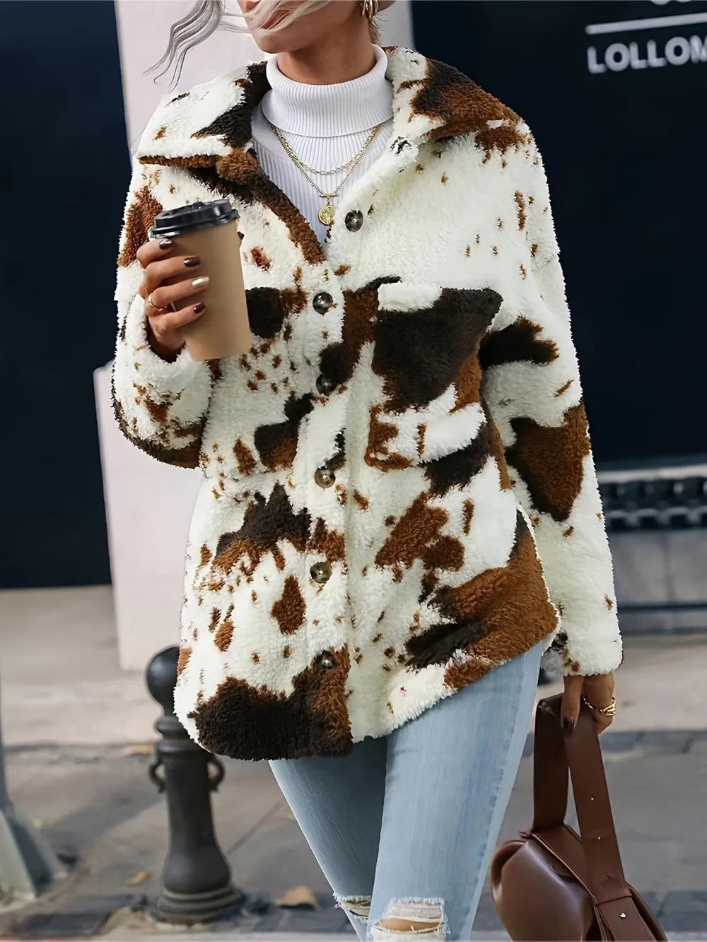 Cow Print Collared Neck Button Up Fuzzy Jacket, image 8