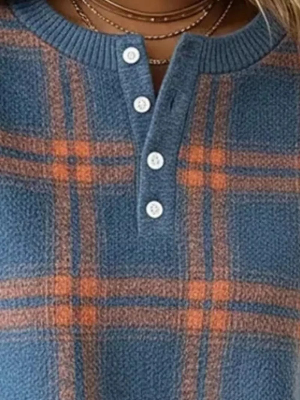 Full Size Plaid Button Detail Long Sleeve Sweatshirt Plus Size, image 3