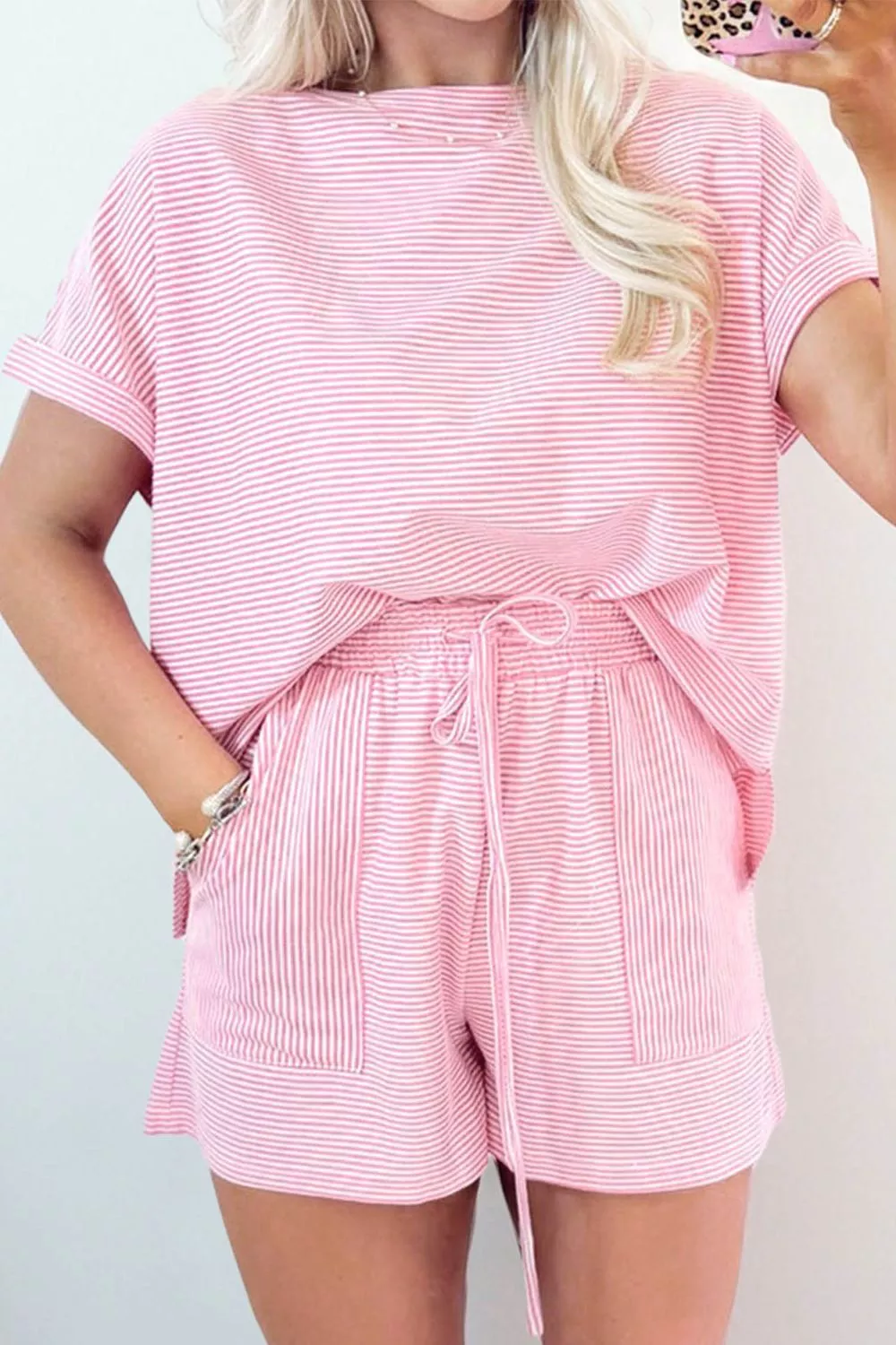 Stripe Matching Oversized Tee and Drawstring Shorts Set, image 7