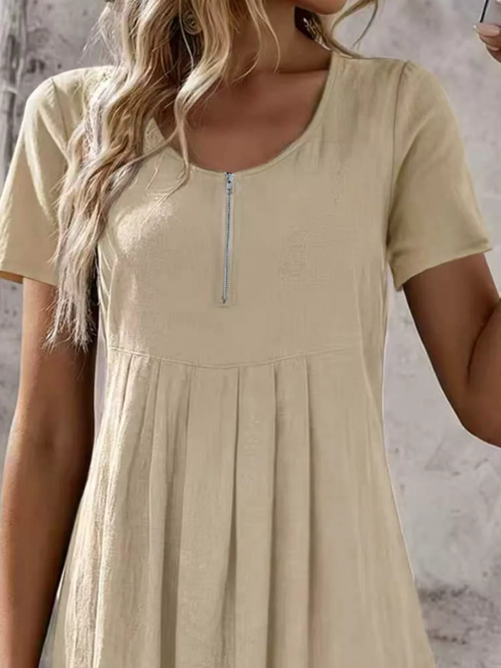 Zipper-Front Short Sleeve A-Line Dress, image 8