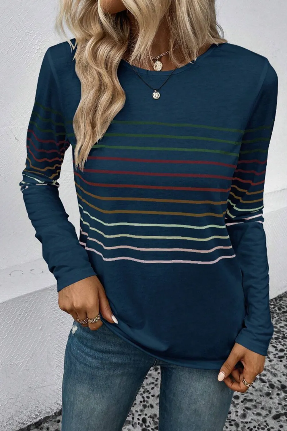 Striped Round Neck Long Sleeve T-Shirt, image 14