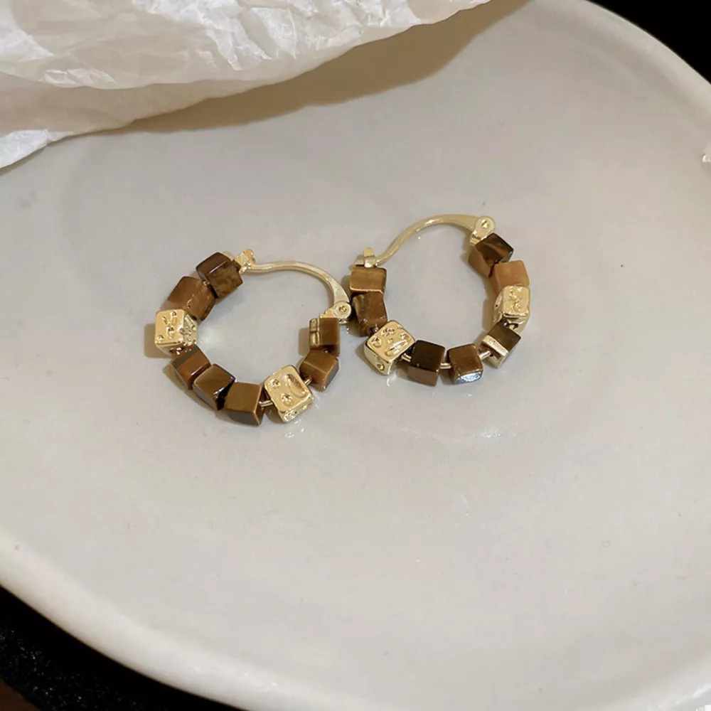 Tiger's Eye 18K Gold-Plated Copper Geometric Earrings, image 2