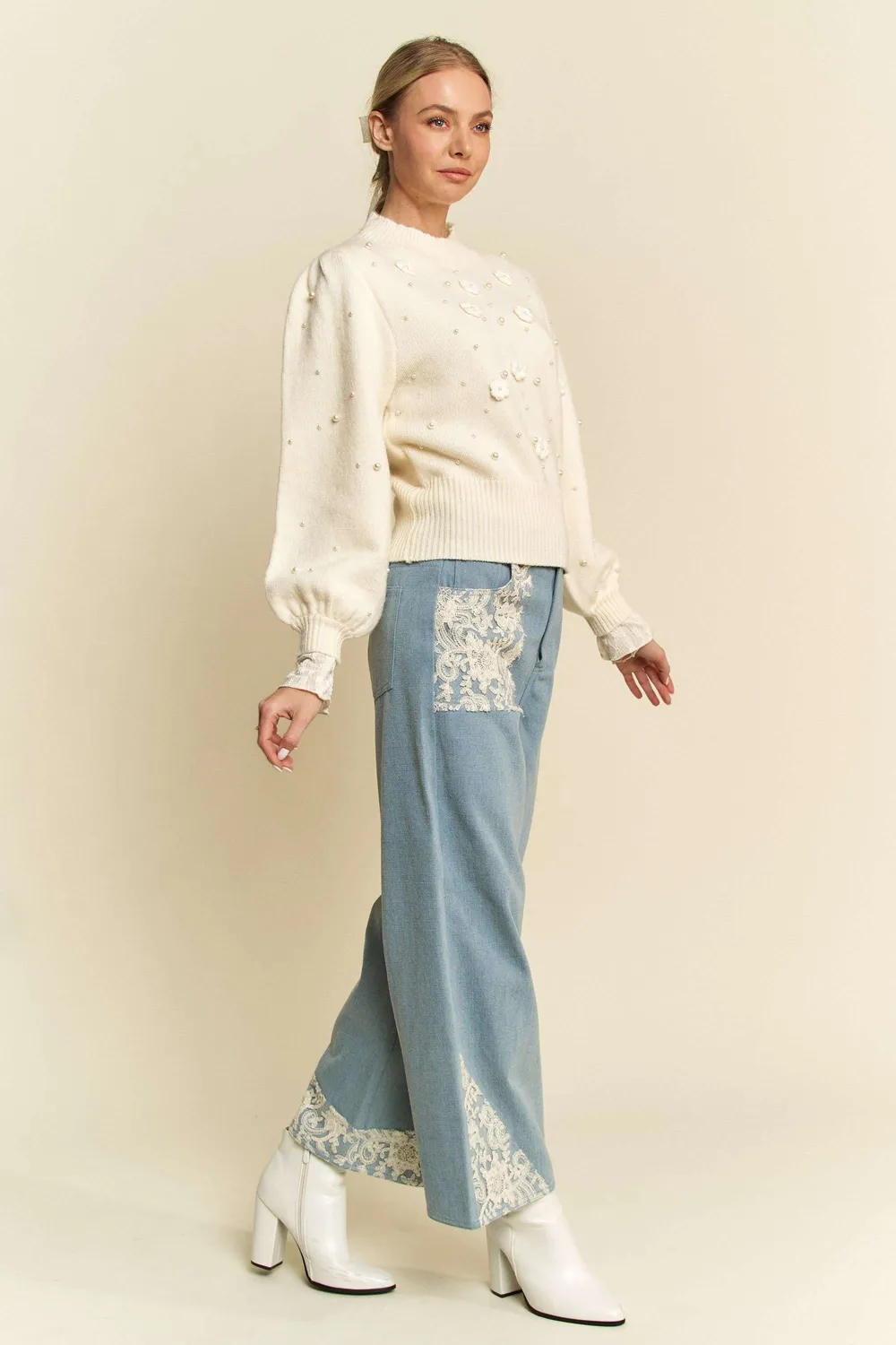 Lace Applique Wide Leg Jeans, image 5