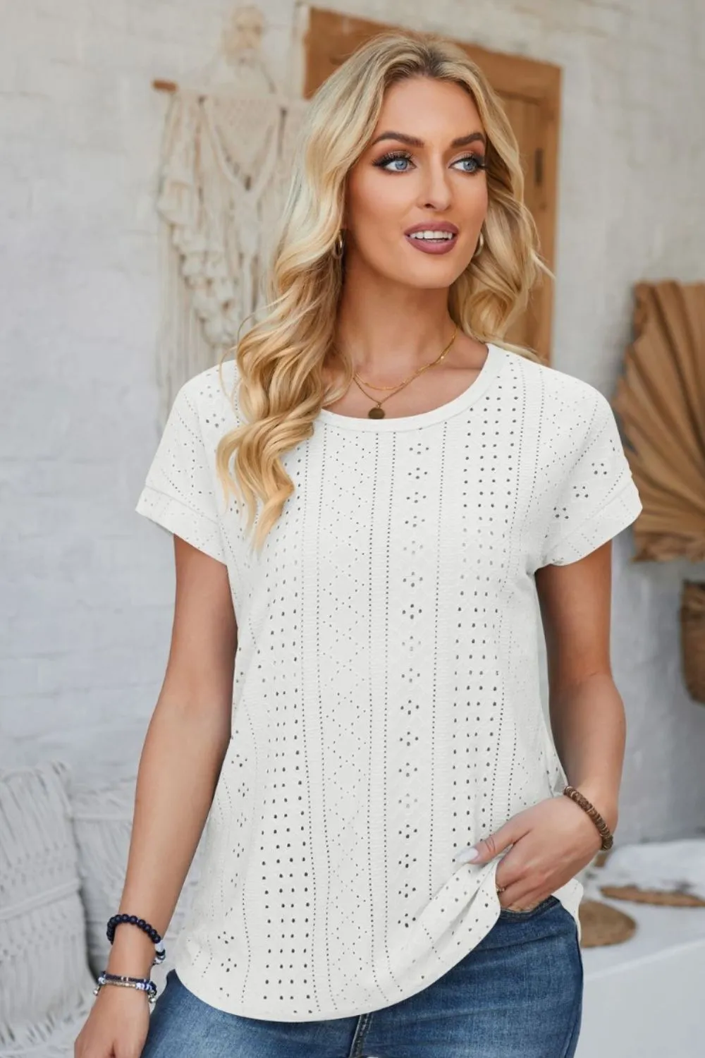Eyelet Round Neck Rolled Short Sleeve T-Shirt, image 12