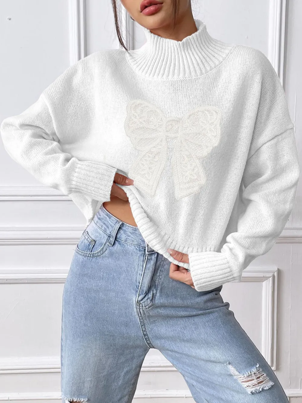 Bow Turtleneck Long Sleeve Sweater, image 11