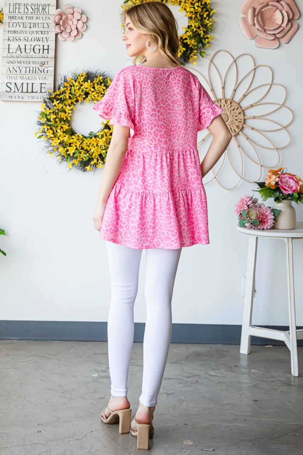 Full Size Leopard Ruffle Trim Short Sleeve Top, image 10
