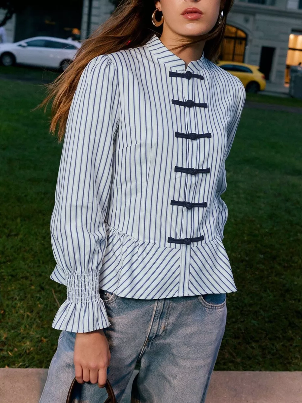 Striped Mandarin Knot Buttons Peplum Hem Shirt, image 3