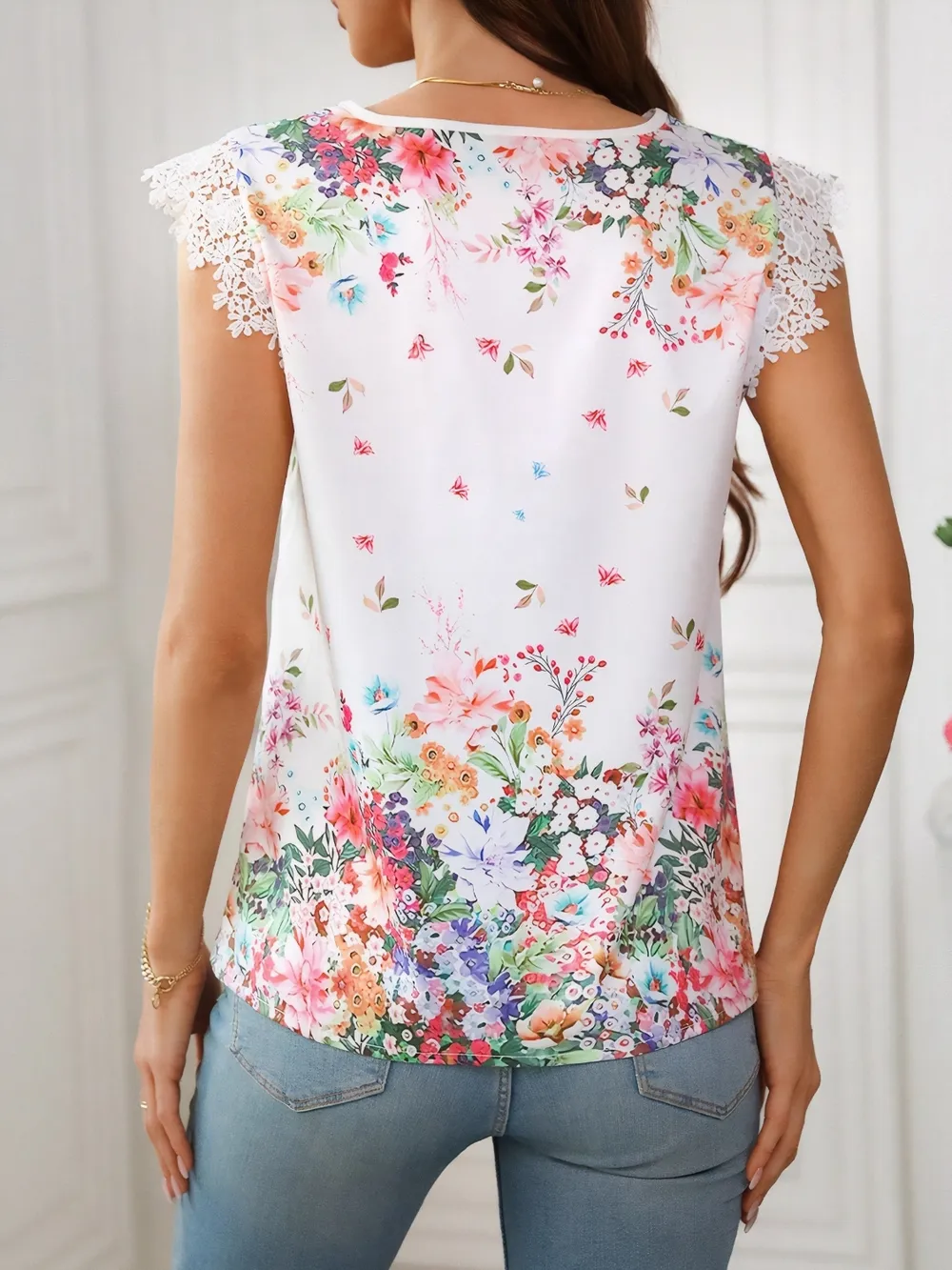 Lace Detail Printed V-Neck Cap Sleeve Blouse, image 5