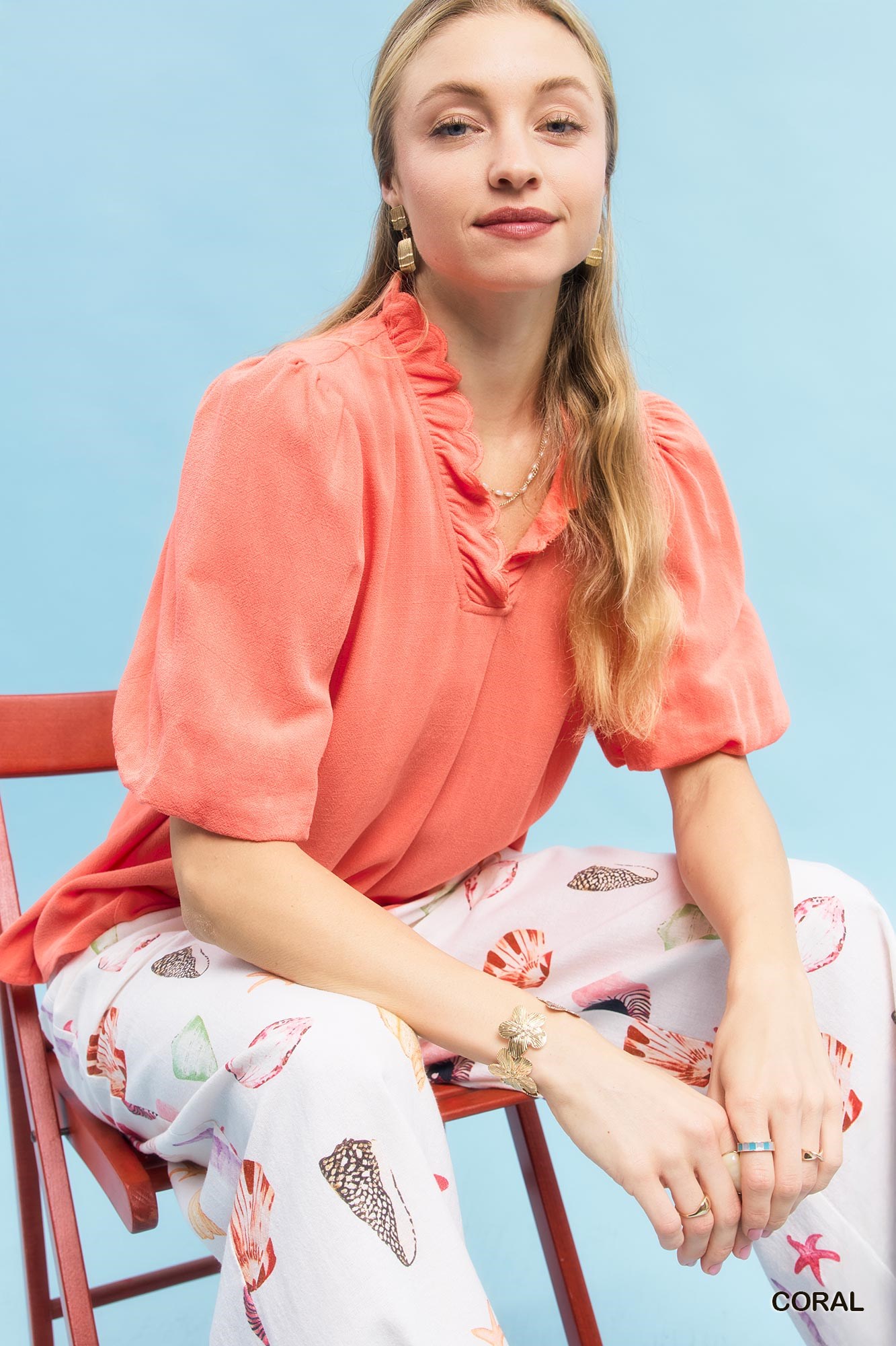 Linen Scallop Trim V-Neck Blouse, image 2