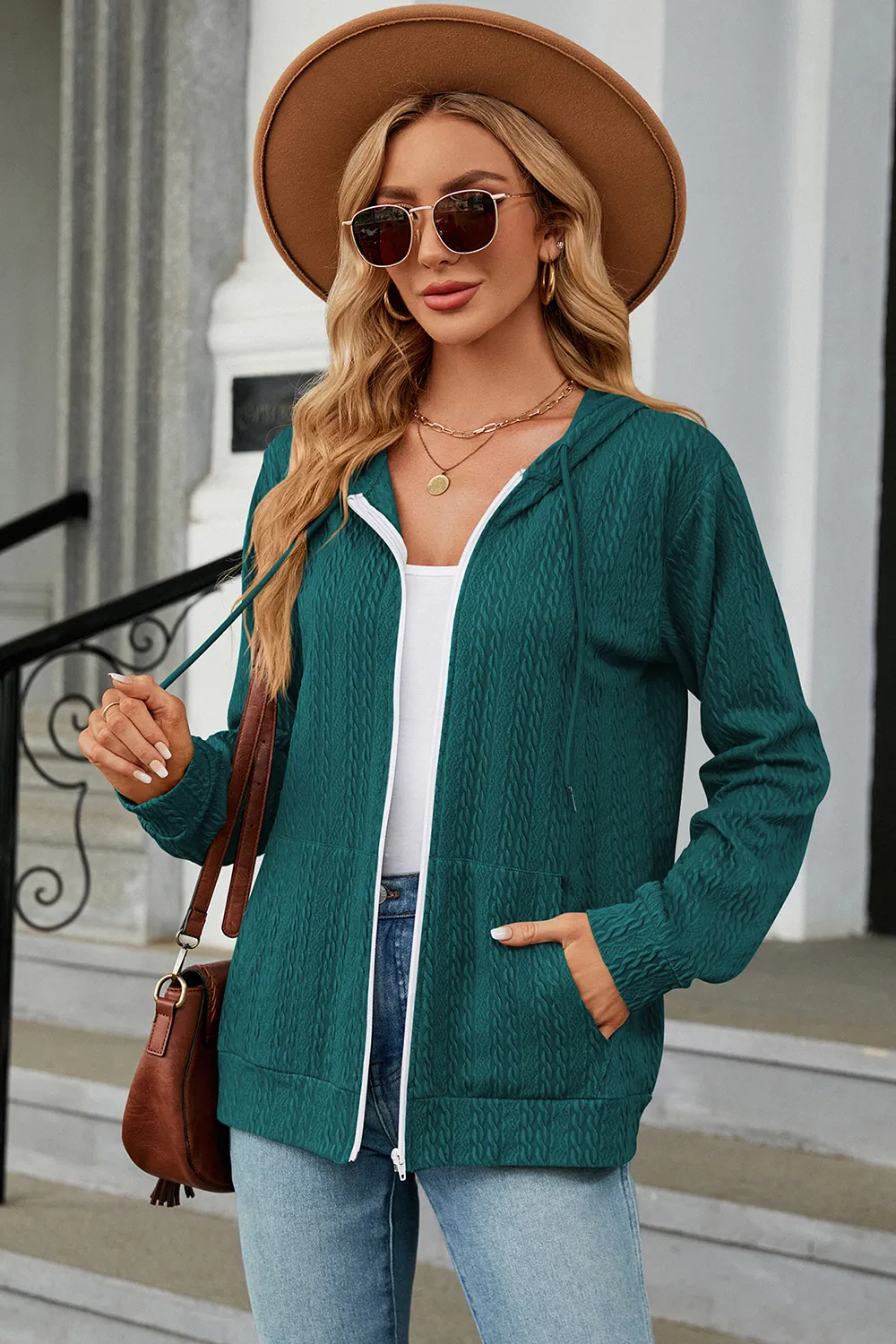 Drawstring Zip Up Long Sleeve Hoodie, image 2