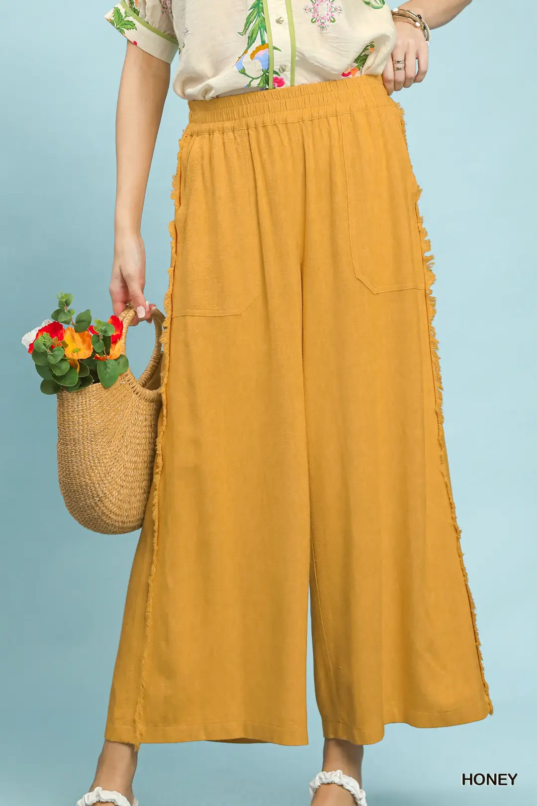 Linen Frayed Side Pocket Wide Leg Pants