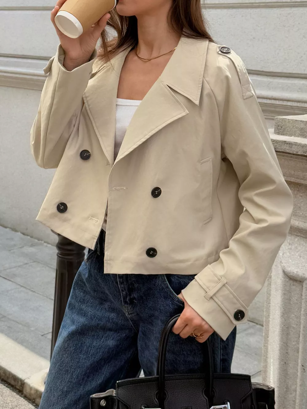 Cropped Double-Breasted Raglan Sleeve Jacket, image 13