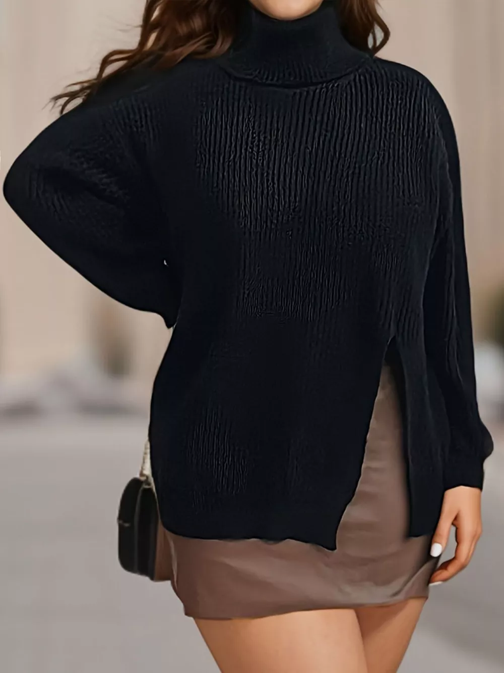 Plus Size Side Slit Ribbed Turtleneck Sweater, image 2