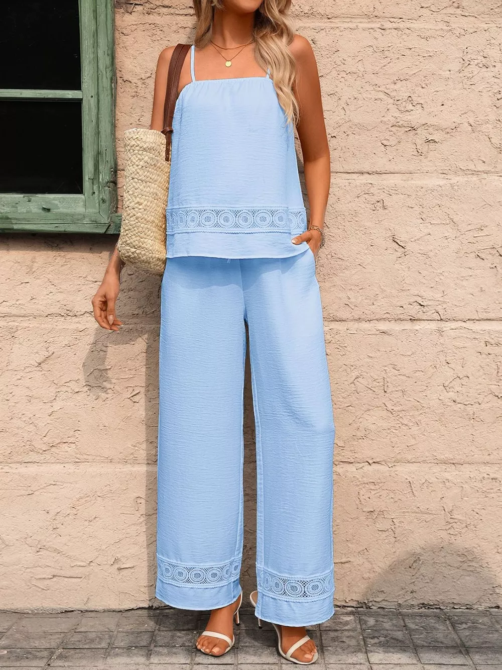 Lace Trim Cami and Wide Leg Pants Set, image 9