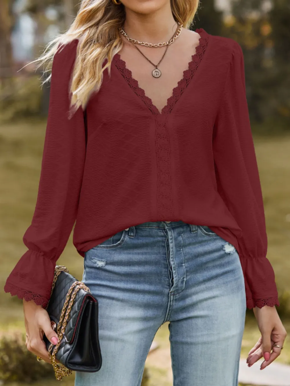 Lace Trim V-Neck Blouse with Flounce Sleeves, image 18