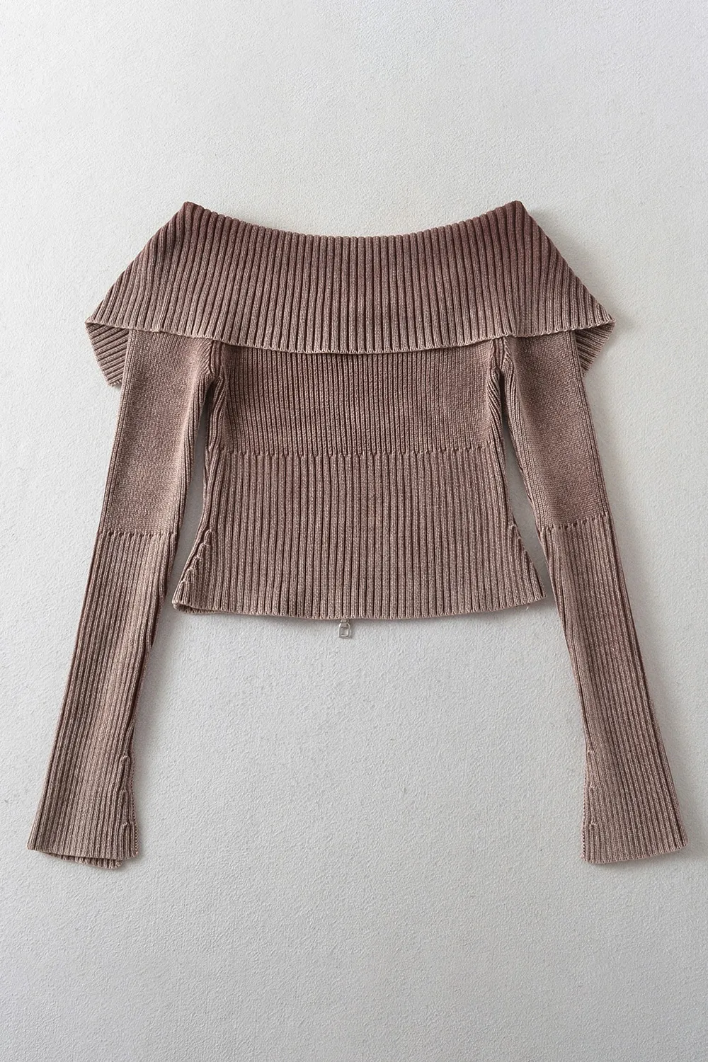 Ribbed Off-Shoulder Zip Up Long Sleeve Cardigan, image 5